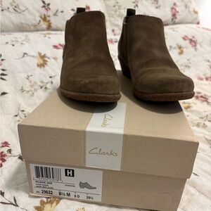 Clarks Olive Suede Ankle Boots. Step out in style and comfort.